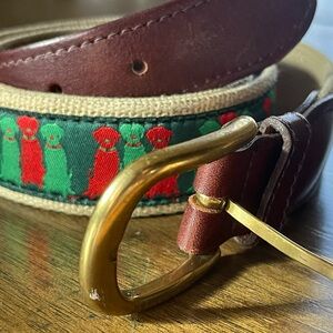 Preppy Men’s Belt with Dogs Green and Red Leather Canvas Brass Buckle Size 38